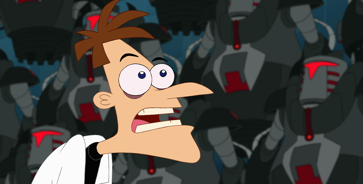 Animated Phineas and Ferb character Dr. Doofenshmirtz wears a white lab coat and a black shirt. His eyes bug out of his head as he looks upward. In the background, dozens of gray robots with glowing red faces surround Dr. Doofenshmirtz.