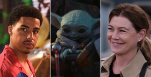 Left: In a scene from an episode from Freeform’s grown-ish, actor Marcus Scribner as Junior looks over his right shoulder and wears a red and blue button-down shirt. Middle: In a scene from an episode from The Mandalorian, Grogu, a creature with large eyes, green skin, and pointed ears, wears a brown robe and stares at a metal lever. Right: In a scene from an episode of ABC’s Grey’s Anatomy, actor and Disney Legend Ellen Pompeo as Meredith Grey wears a tan trench coat and a black T-shirt.