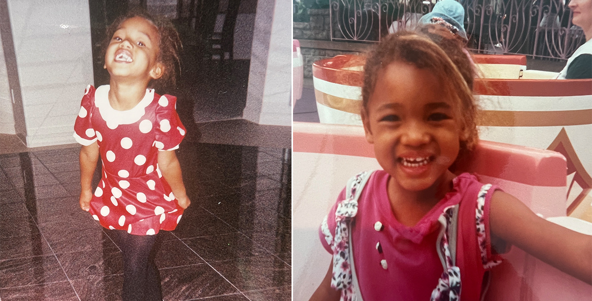Two images of Courtney Quinn as a little girl. She appears to be no older than 6 in both photos. The first photo is of Quinn smiling really big at the camera and she is wearing a children’s Minnie Mouse costume dress. The second photo is of young Quinn in a Mad Tea Party attraction teacup vehicle. She is smiling at the camera in a pink shirt and jean overalls.