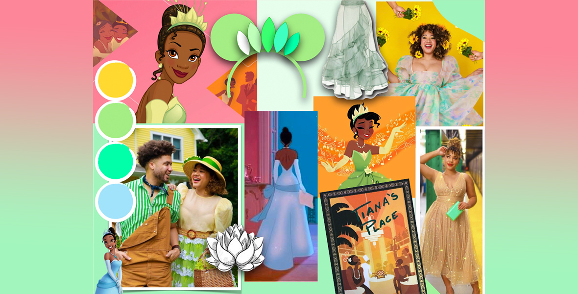A sample mood board created by Courtney Quinn as inspiration for the Princess Tiana Collection. The board features images of Tiana from The Princess and the Frog and images of Courtney in various outfits. In one image you can see Quinn’s fiancée, Paris, also dressed in colors reminiscent of Tiana’s green dress from the movie. There are color bubbles along the left side of the image, highlighting the yellow, green, and blue tones that can be found in The Princess and the Frog. Overall, it is a collage of inspiration for the collection featuring both Quinn’s own style and images directly from the animated film.