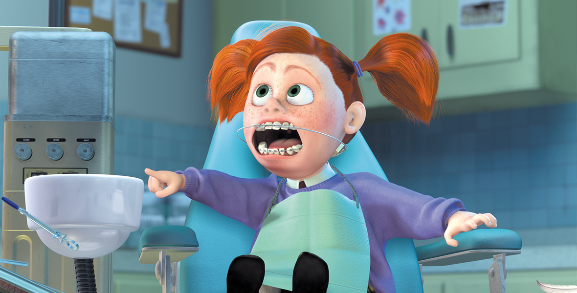Darla, a red-headed girl with big green eyes and freckles, screams as she sits in a dentist’s chair, exposing her silver braces and headgear. She is wearing a purple sweater and a green bib, and she is pointing forward as dentist’s tools fly everywhere.