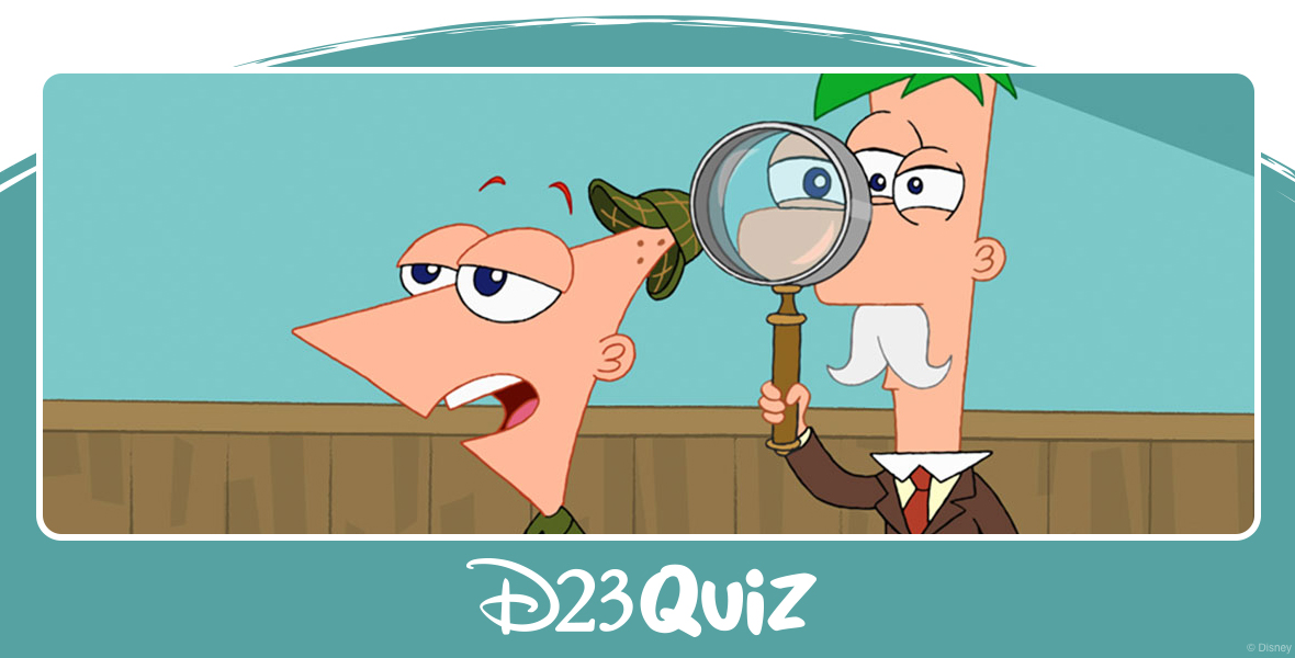 Phineas and Ferb stand side-by-side as Phineas talks while Ferb looks through a handheld magnifying glass. Phineas wears a hat and jacket reminiscent of Sherlock Holmes. A flared top hat sits on Ferb’s green hair, and he wears a white mustache and a red tie.