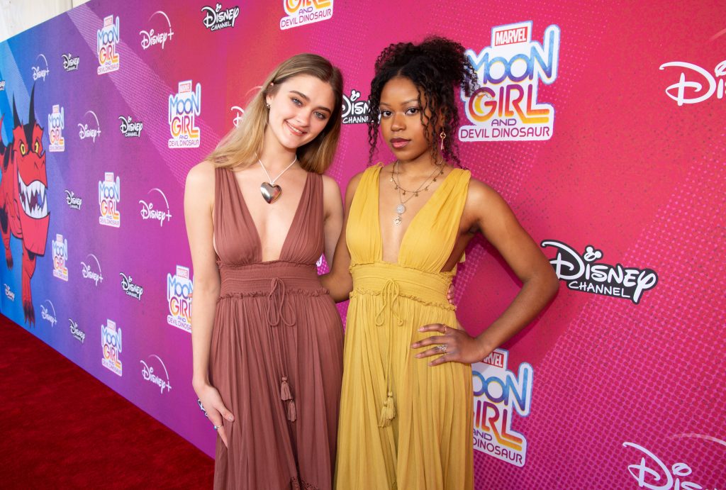 Lizzy Greene and Riele Downs attend the premiere for Marvel’s Moon Girl and Devil Dinosaur at the Walt Disney Studios Lot in Burbank, California.