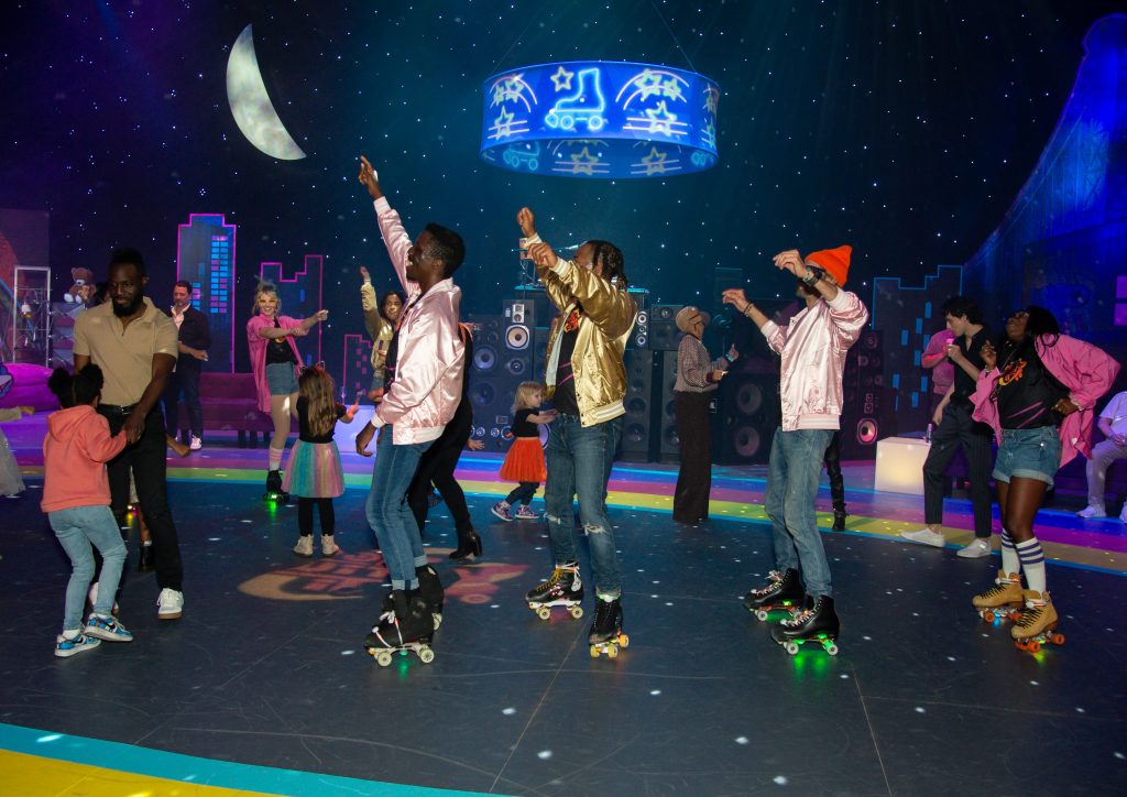 Roller skating dancers perform during the premiere for Marvel’s Moon Girl and Devil Dinosaur at the Walt Disney Studios Lot in Burbank, California.