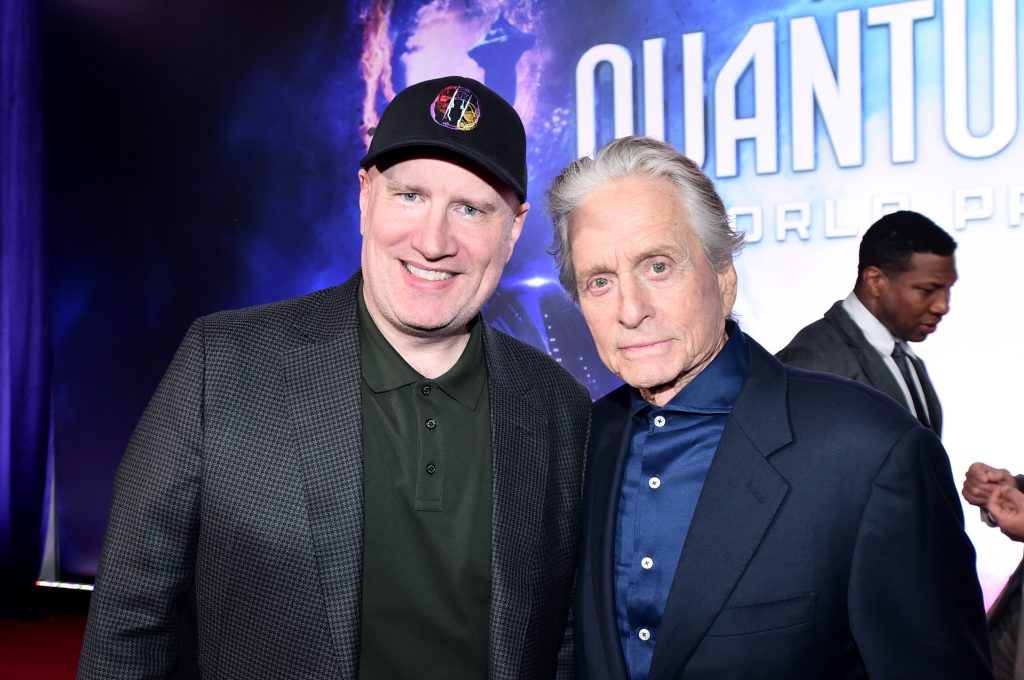 LOS ANGELES, CALIFORNIA - FEBRUARY 06: (L-R) Producer and Marvel Studios President and Marvel CCO Kevin Feige and Michael Douglas attend the Ant-Man and The Wasp Quantumania world premiere at Regency Village Theatre in Westwood, California on February 06, 2023. (Photo by Alberto E. Rodriguez/Getty Images for Disney)