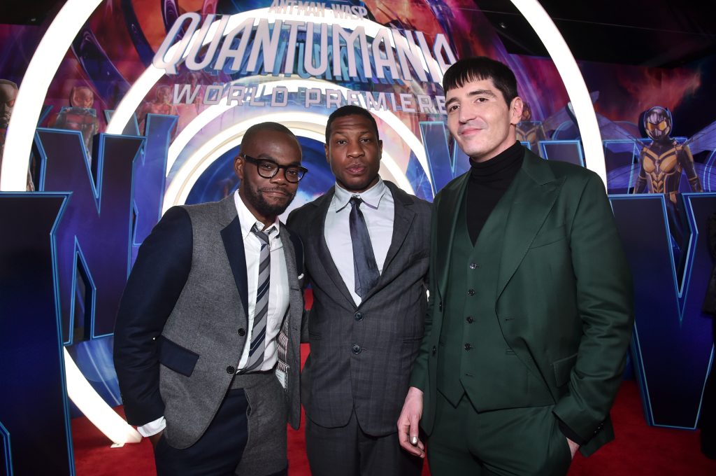 LOS ANGELES, CALIFORNIA - FEBRUARY 06: (L-R) William Jackson Harper, Jonathan Majors and David Dastmalchian attend the Ant-Man and The Wasp Quantumania world premiere at Regency Village Theatre in Westwood, California on February 06, 2023. (Photo by Alberto E. Rodriguez/Getty Images for Disney)