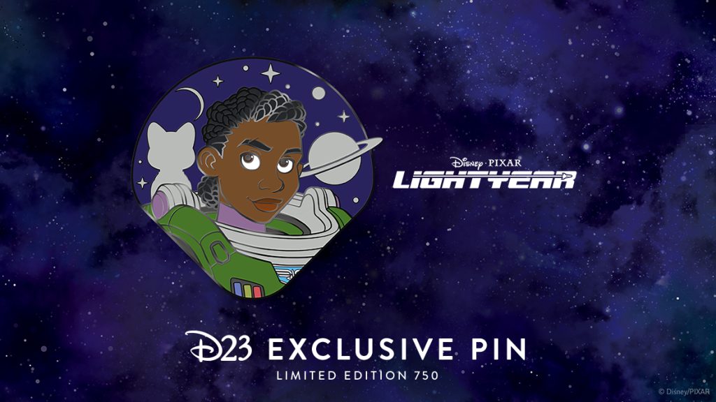 In this image of a D23-created pin to celebrate the Disney and Pixar animated film Lightyear, Alicia Hawthorne is seen wearing a spacesuit; she has curly dark hair. Behind her are white silhouettes of Sox the cat (on the left) and a planet with a ring around it (on the right), set against a dark blue sky with stars and a thin crescent moon.