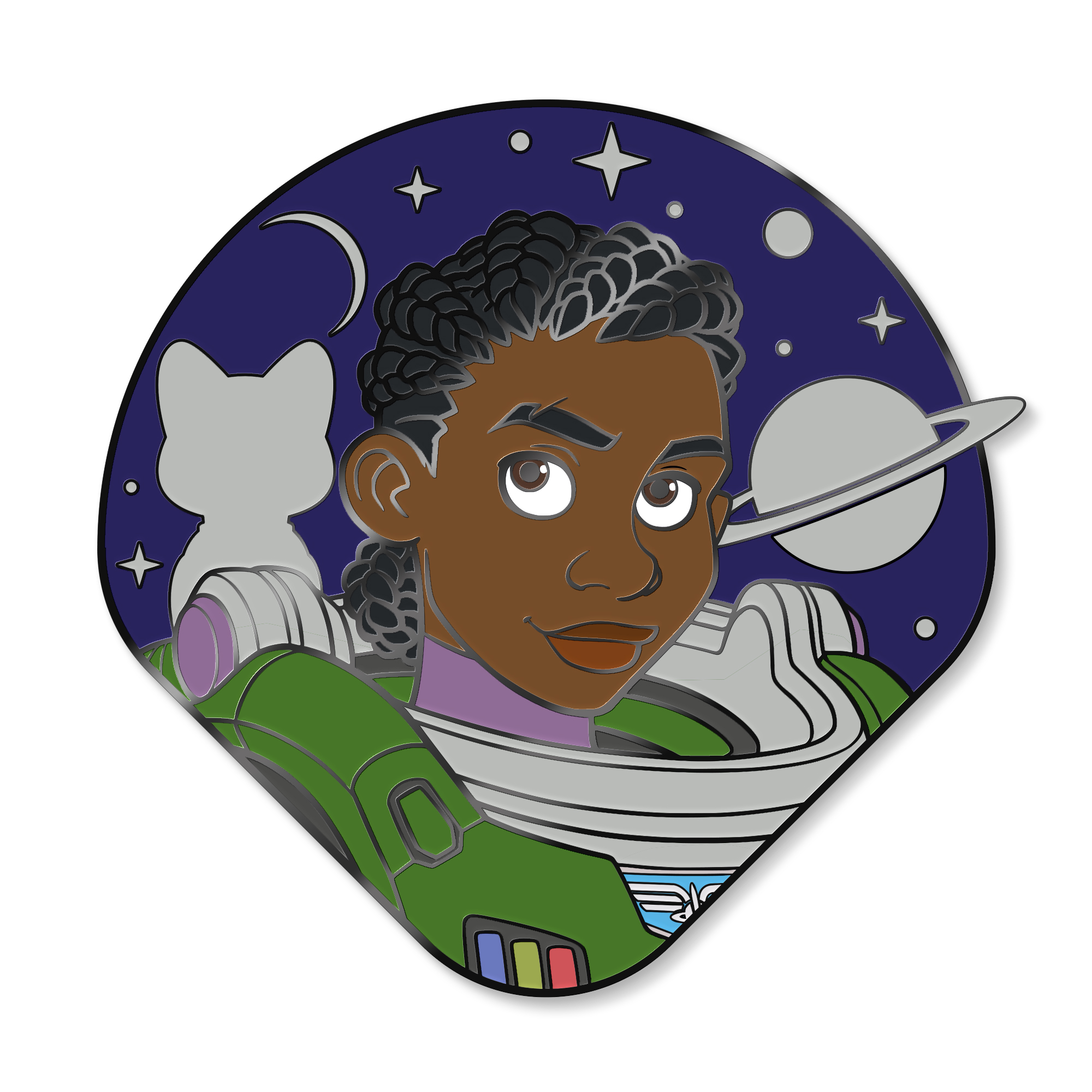 In this image of a D23-created pin to celebrate the Disney and Pixar animated film Lightyear, Alicia Hawthorne is seen wearing a spacesuit; she has curly dark hair. Behind her are white silhouettes of Sox the cat (on the left) and a planet with a ring around it (on the right), set against a dark blue sky with stars and a thin crescent moon.
