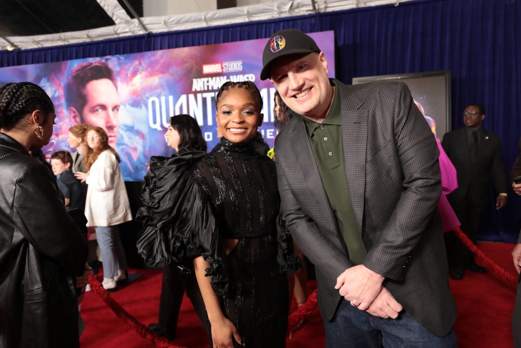Dominique Thorne and Kevin Feige attend the Ant-Man and The Wasp Quantumania World Premiere at the Regency Village Theatre on Monday, February 6, 2023 in Westwood, CA.(Photo:Alex J. Berliner/ABImages)
