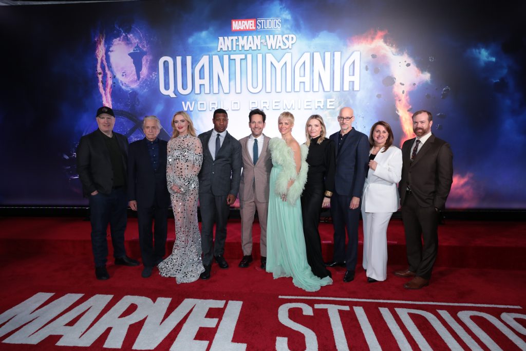 Kevin Feige, Michael Douglas, Kathryn Newton, Jonathan Majors, Paul Rudd, Evangeline Lilly, Michelle Pfeiffer, Peyton Reed, Victoria Alonso and Stephen Broussard attend the Ant-Man and The Wasp Quantumania World Premiere at the Regency Village Theatre on Monday, February 6, 2023 in Westwood, CA.(Photo:Alex J. Berliner/ABImages)