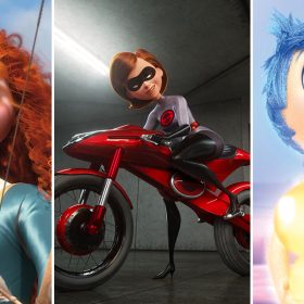 Three photos of Pixar heroines are side by side. On the left is Merida from the animated film Brave. Amid the green hills of Scotland, she braces her bow and is about to shoot an arrow. In the center is Helen Parr, aka Elastigirl, from the animated film The Incredibles 2. In her silver super suit and black mask, she revs up her shiny, red Elasticycle in the garage of her home. On the right is Joy from Inside Out. Standing in front of a colorful shelf of Riley’s memories, each preserved in a small ball, she carries several yellow core memories in her arms. She grins at something up ahead.
