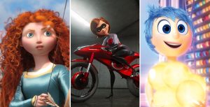 Three photos of Pixar heroines are side by side. On the left is Merida from the animated film Brave. Amid the green hills of Scotland, she braces her bow and is about to shoot an arrow. In the center is Helen Parr, aka Elastigirl, from the animated film The Incredibles 2. In her silver super suit and black mask, she revs up her shiny, red Elasticycle in the garage of her home. On the right is Joy from Inside Out. Standing in front of a colorful shelf of Riley&rsquo;s memories, each preserved in a small ball, she carries several yellow core memories in her arms. She grins at something up ahead.