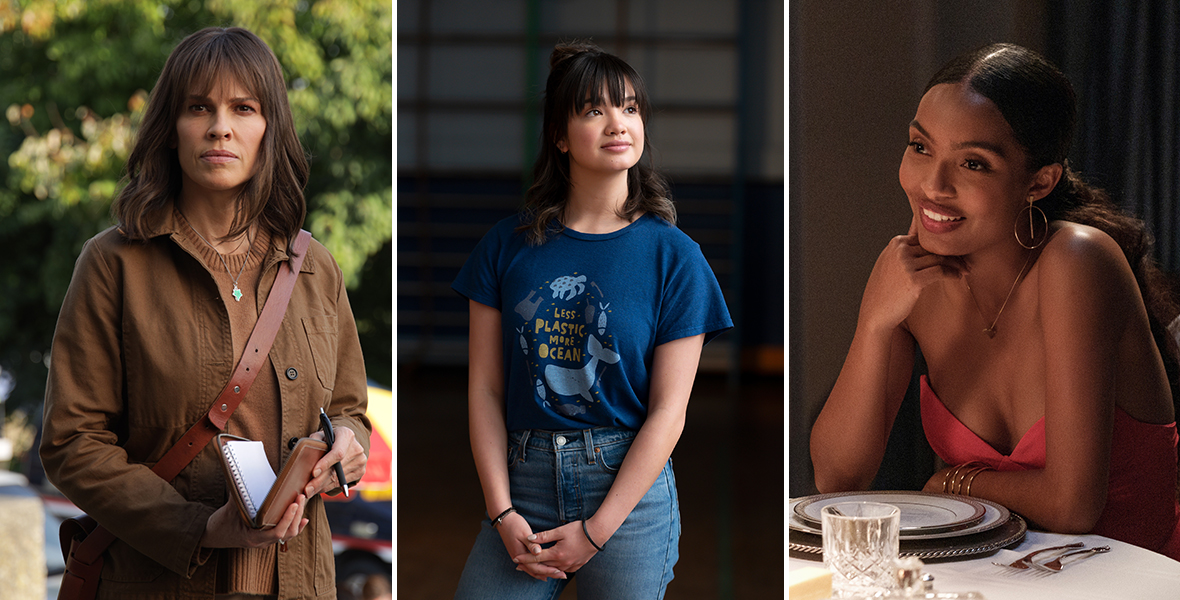 In a scene from an episode of Alaska Daily, actor Hilary Swank holds a notebook in her hands. She wears a brown coat and a brown sweater.; In a scene from Prom Pact, actor Peyton Elizabeth Lee stands in a school gymnasium and wears a blue graphic T-shirt and blue denim jeans.; In a scene from an episode of grown-ish, actor Yara Shahidi sits at a table and rests her chin on her wrist. She wears a pink strapless gown.