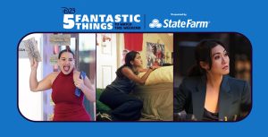 In a scene from American Idol, contestant Amara Valerio holds a gold card that reads “American Idol” and wears a red dress., In a scene from Bend It Like Beckham, actor Parminder Nagra leans against a bed and looks up at a wall covered in soccer posters and decorations., In a scene from an episode of The Company You Keep, actor Catherine Haena Kim sits at a desk in an office and wears a black top and a gray blazer.