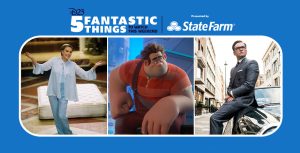 IMAGE 00A Alt text: In a scene from The Princess Diaries 2: Royal Engagement, actor and Disney Legend Julie Andrews stands with her arms extended in front of a white mattress. She wears a blue blouse, blue pants, a blue jacket, and white socks. IMAGE 00B Alt text: In a scene from Ralph Breaks the Internet, Ralph, a large male character with enormous arms and fists, and Vanellope von Schweetz, a young female character, sit side-by-side on a platform. IMAGE 00C Alt text: In a scene from Kingsman: The Golden Circle, actor Taron Egerton wears a gray suit and black glasses and leans on a parked, black vehicle in a street in London.