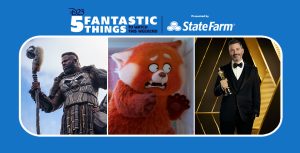 In a scene from Black Panther: Wakanda Forever, actor Winston Duke holds a wooden staff and wears a chest plate carved to resemble a gorilla’s face. IMAGE 00B Alt text: In a scene from Turning Red, a giant red panda anxiously hides in a small bathroom. IMAGE 00C Alt text: Host and comedian Jimmy Kimmel wears a black, three-piece tuxedo and holds an Oscars statue.
