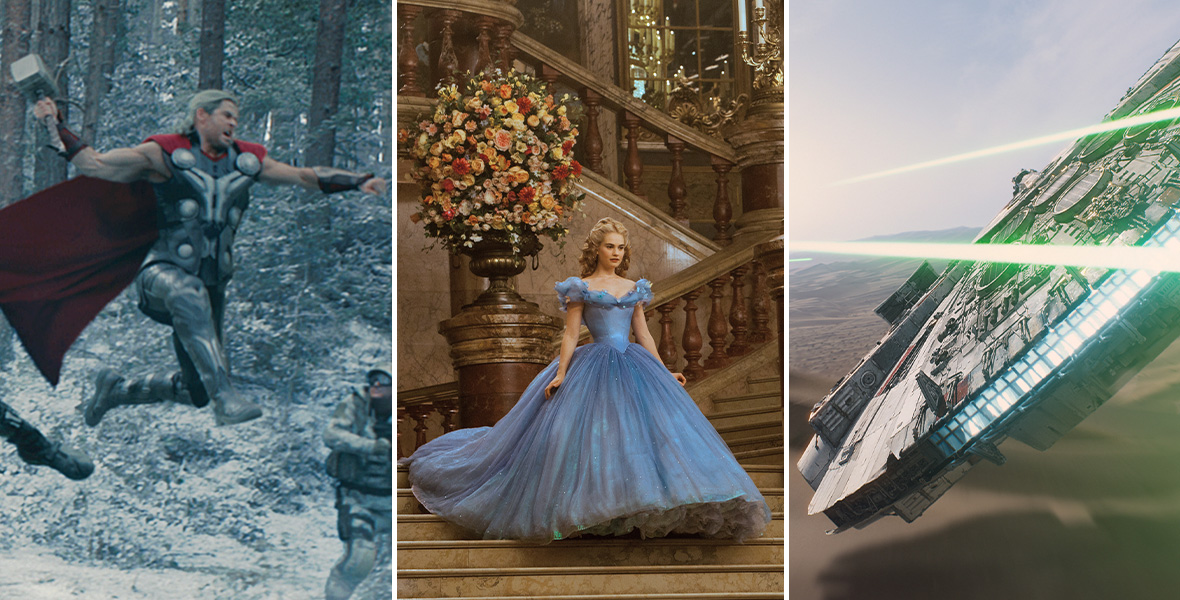 A triptych of three photos. On the left is a still from Avengers: Age of Ultron, where several Avengers race forward. Thor swings his hammer, Hawkeye raises his bow, and Iron Man, Captain America, and Black Widow charge in battle positions. The middle image is from the live-action Cinderella; Cinderella descends the golden staircase of the palace while wearing her blue ballgown for the royal ball. The right image is from Star Wars: The Force Awakens: A ship flies over the desert sands as two others shoot green lasers at it.