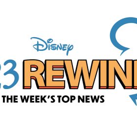 The logo for Disney D23 Rewind; the words “Disney D23 Rewind” are seen in a combination of blue, orange, and red, with a silhouette of Mickey Mouse seen around “Rewind” on the right. Under “Disney D23 Rewind,” it says “The Week’s Top News” in black. All text is set against a white background.