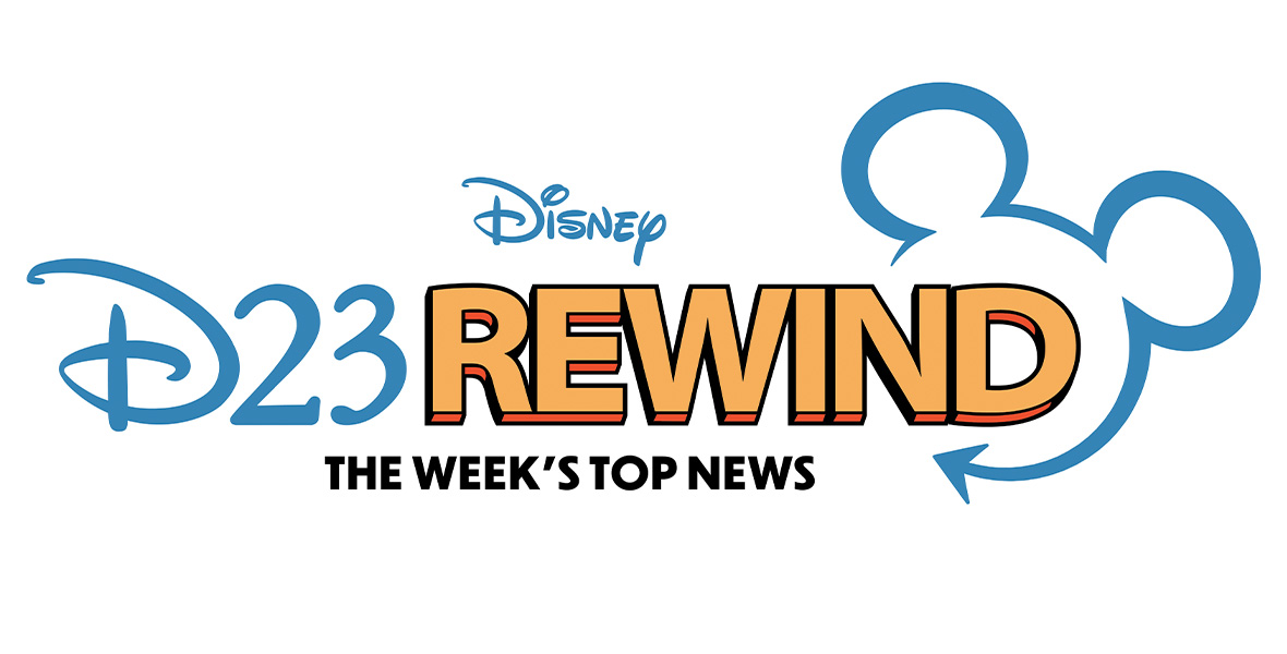 The logo for Disney D23 Rewind; the words “Disney D23 Rewind” are seen in a combination of blue, orange, and red, with a silhouette of Mickey Mouse seen around “Rewind” on the right. Under “Disney D23 Rewind,” it says “The Week’s Top News” in black. All text is set against a white background.