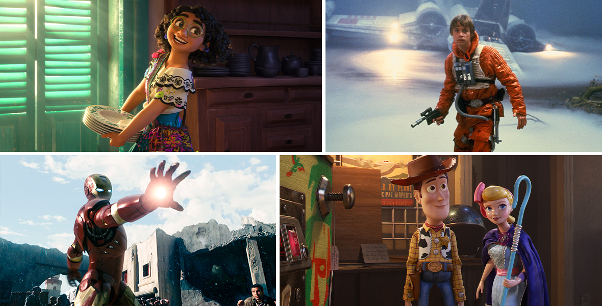 Four images are compiled into one. On the far left, Iron Man of Iron Man wears his red and gold suit and throws his right arm forward to attack. Beside him is a still from the animated film Toy Story 4, depicting Woody and Bo Peep standing together and looking off in the distance. Woody wears his cowboy hat and vest while Bo Peep clutches her blue staff. Next is a still from the animated film Encanto, where Mirabel holds onto a stack of plates while grinning at something off-screen. She wears her green glasses and her blue and white embroidered dress. On the far right, Luke Skywalker of Star Wars: A New Hope stands outside a spaceship. He wears his orange flight uniform and holds a blaster in his right hand.