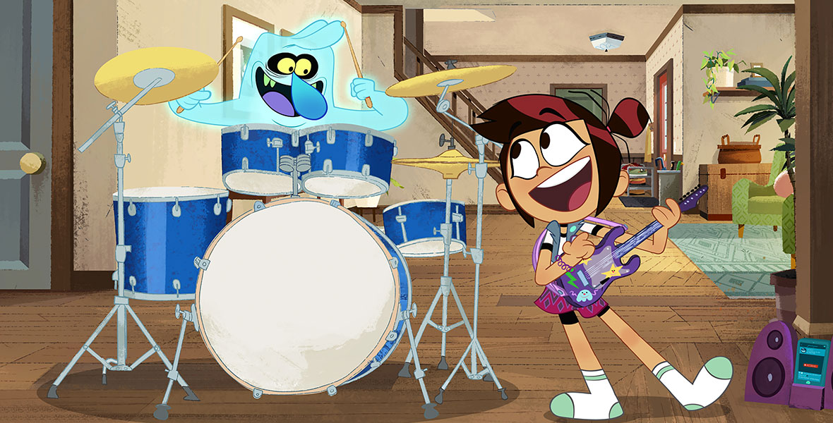 In a scene from an episode of The Ghost and Molly McGee, Molly, an animated young girl, plays guitar and looks at Scratch, a ghost, while he plays a large, blue drum set.