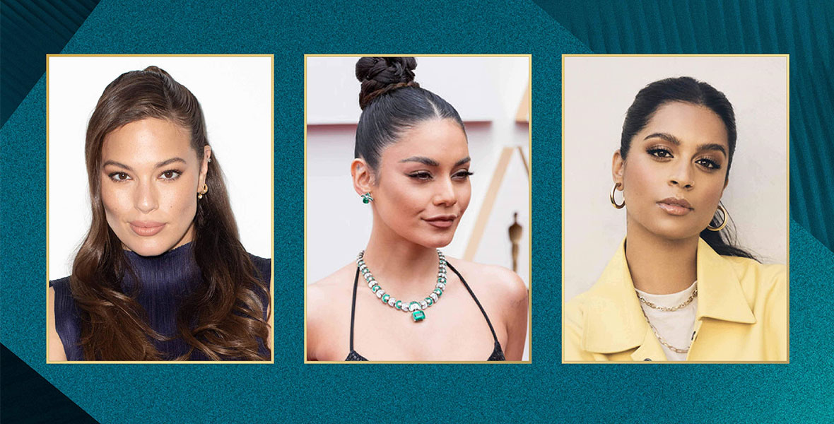Three headshots of the hosts of Countdown to the Oscars®. On the left is Ashley Graham in a blue turtleneck, then Vanessa Hudgens in center with her hair in a sleek top knot, and Lilly Singh on the right in a yellow-collared shirt and hoop earrings