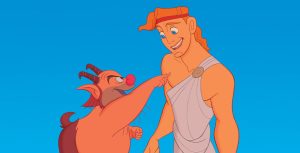 In a scene from Hercules, Philoctetes, an animated satyr talks to Hercules, an adolescent boy, who wears a one-strapped, white toga.