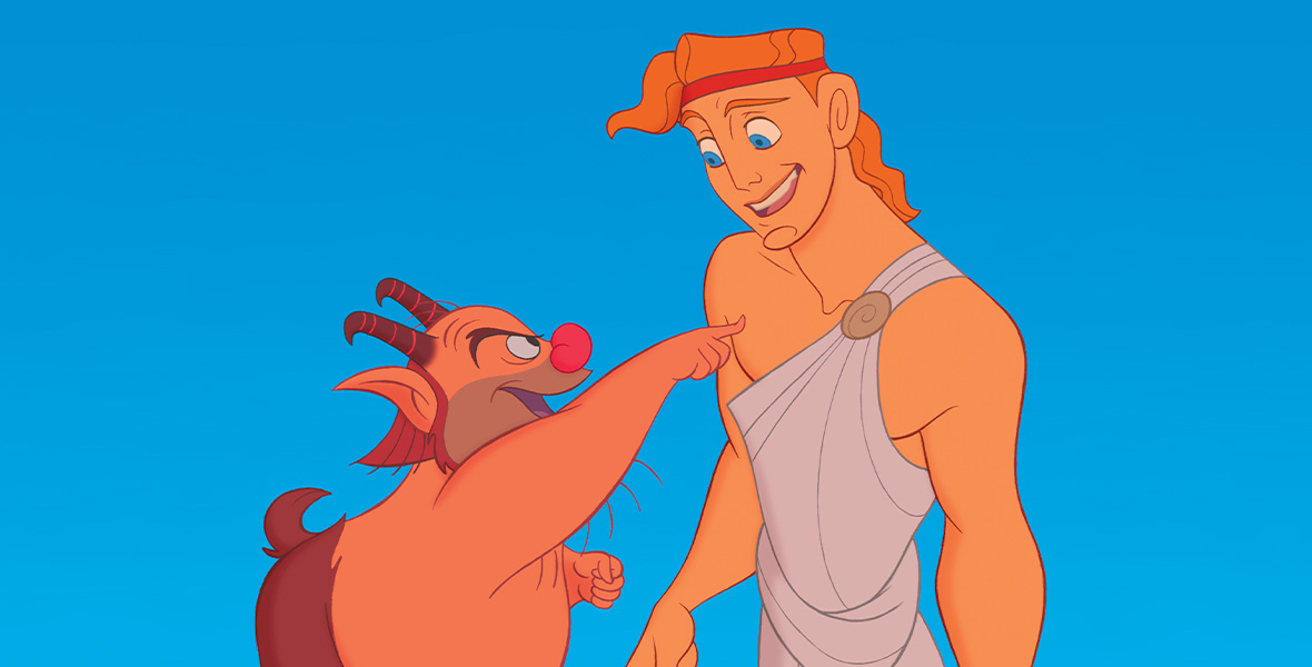 In a scene from Hercules, Philoctetes, an animated satyr talks to Hercules, an adolescent boy, who wears a one-strapped, white toga.