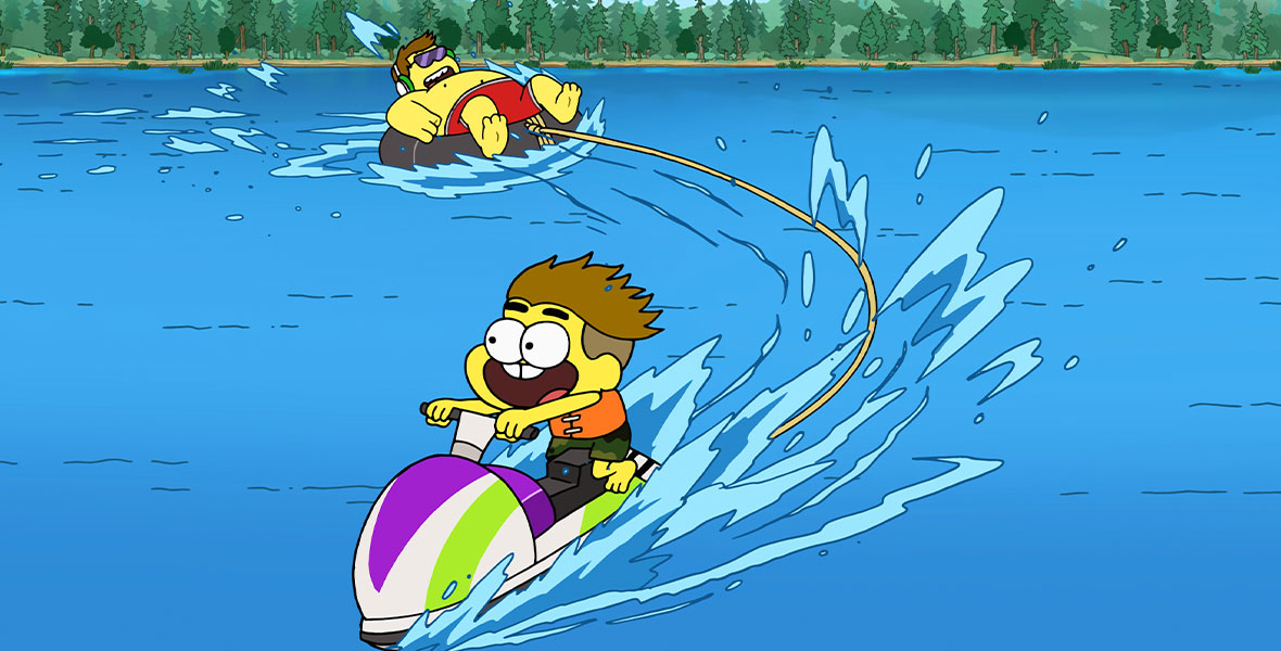 In a scene from an episode of Big City Greens, Cricket Green, an animated young boy with brown hair and yellow skin, rides a jet ski in a blue lake.