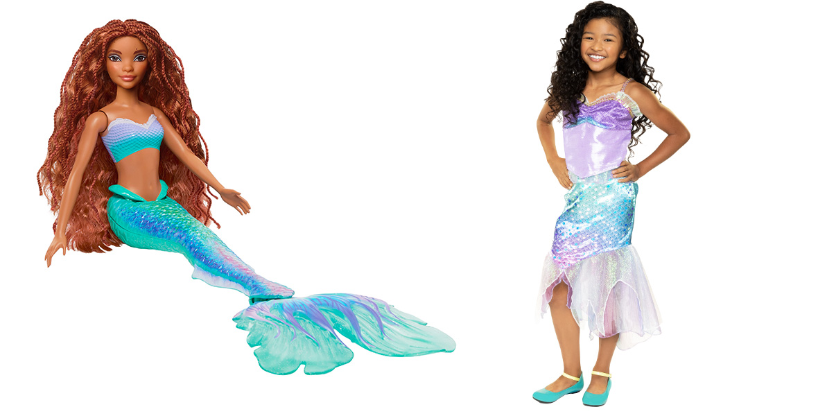 On the left is an image of the new Little Mermaid doll, inspired by Halle Bailey’s portrayal in the upcoming reimagining of The Little Mermaid; the doll has long reddish braided hair and is wearing a purple and turquoise top and has a shimmery turquoise and purple fin. On the right is an image of the new Little Mermaid costume; a young girl with long dark hair is wearing the purple, blue, and pink shimmery dress that features fin-like fabric along the bottom of the hem.