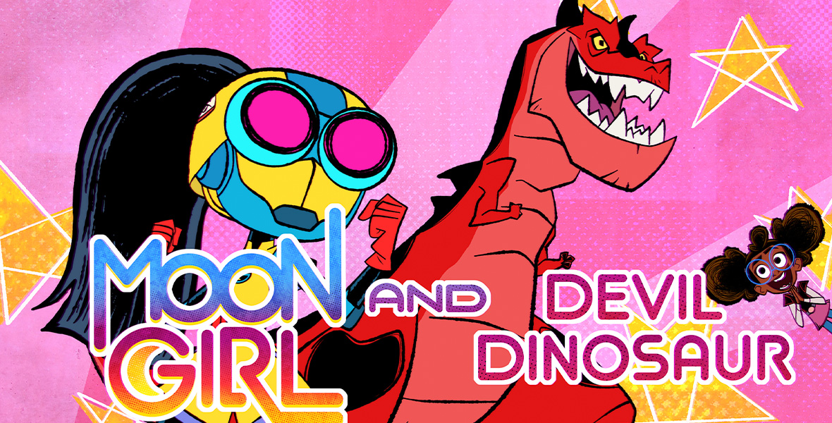In a scene from an episode of Marvel’s Moon Girl and Devil Dinosaur, Casey, a teenage girl wears a yellow and teal helmet with pink googles and stands next to a large, red T-Rex while Lunella, a teenage girl looks on and claps her hands.