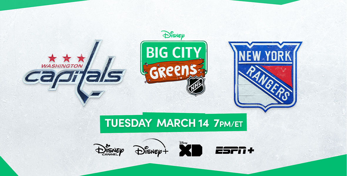 Logos for the New York Rangers, Disney series Big City Greens, and the Washington Capitals on a white background with an asymmetrical border.