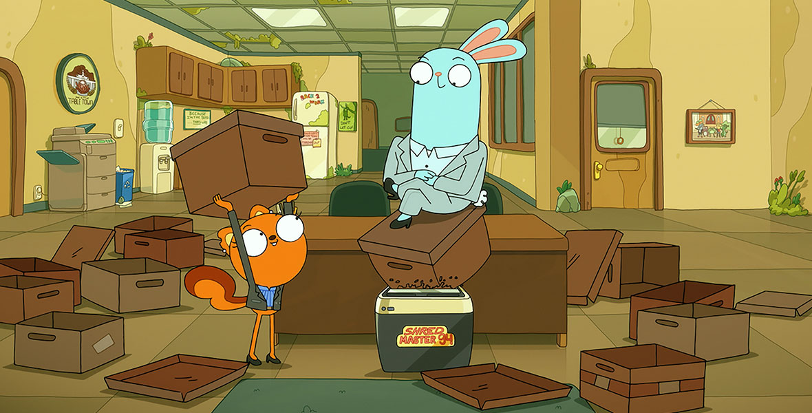 In a scene from an episode of Kiff, an animated brown squirrel and a blue bunny wear suits and high heels and play with brown cardboard boxes.