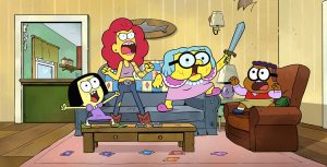 Four characters from the animated series Big City Greens cavort on and around a living room sofa. Depicted, from left to right, are Tilly (voiced by Marieve Herington), Nancy (voiced by Wendi McLendon-Covey), Gramma (voiced by Artemis Pebdani), and Remy (voiced by Zeno Robinson). All appear to be shouting with their arms raised and fists clenched. Gramma is brandishing a sword.