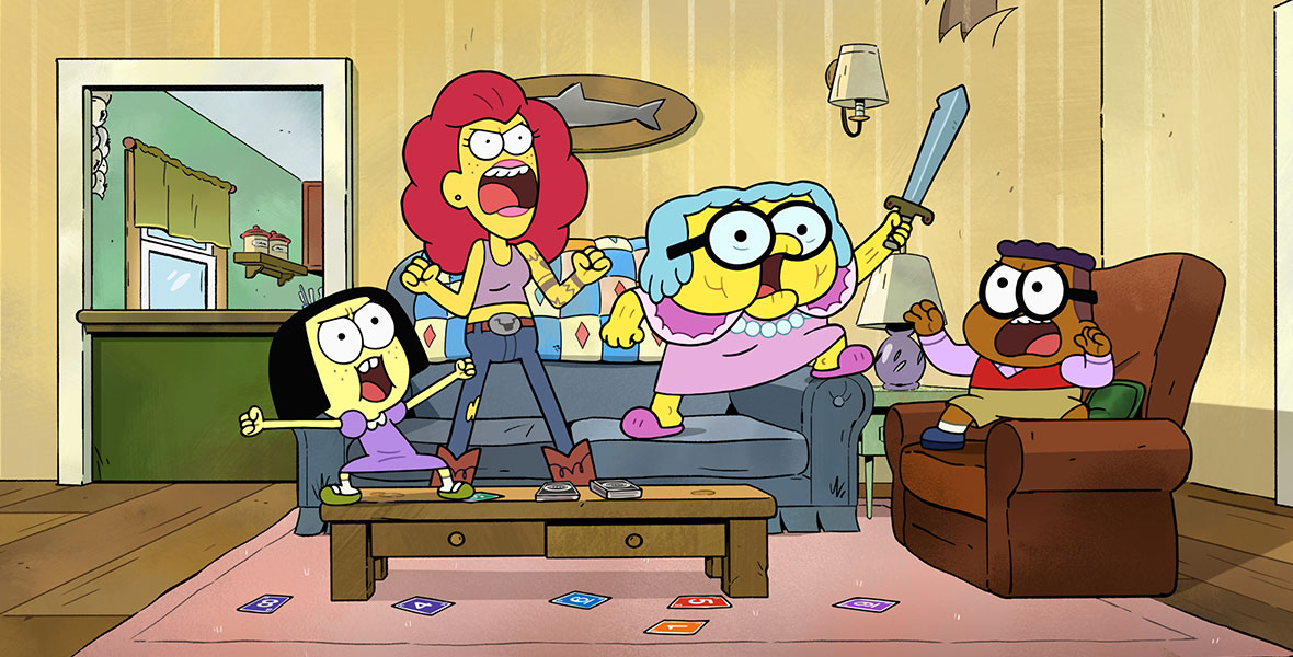 Four characters from the animated series Big City Greens cavort on and around a living room sofa. Depicted, from left to right, are Tilly (voiced by Marieve Herington), Nancy (voiced by Wendi McLendon-Covey), Gramma (voiced by Artemis Pebdani), and Remy (voiced by Zeno Robinson). All appear to be shouting with their arms raised and fists clenched. Gramma is brandishing a sword.