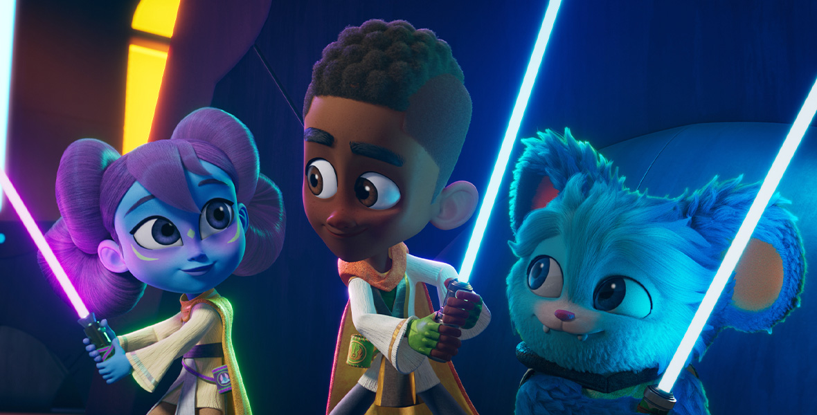 In a scene from Star Wars: Young Jedi Adventures, three animated characters wield lightsabers. One has blue skin, one appears human, and one is anthropomorphic.
