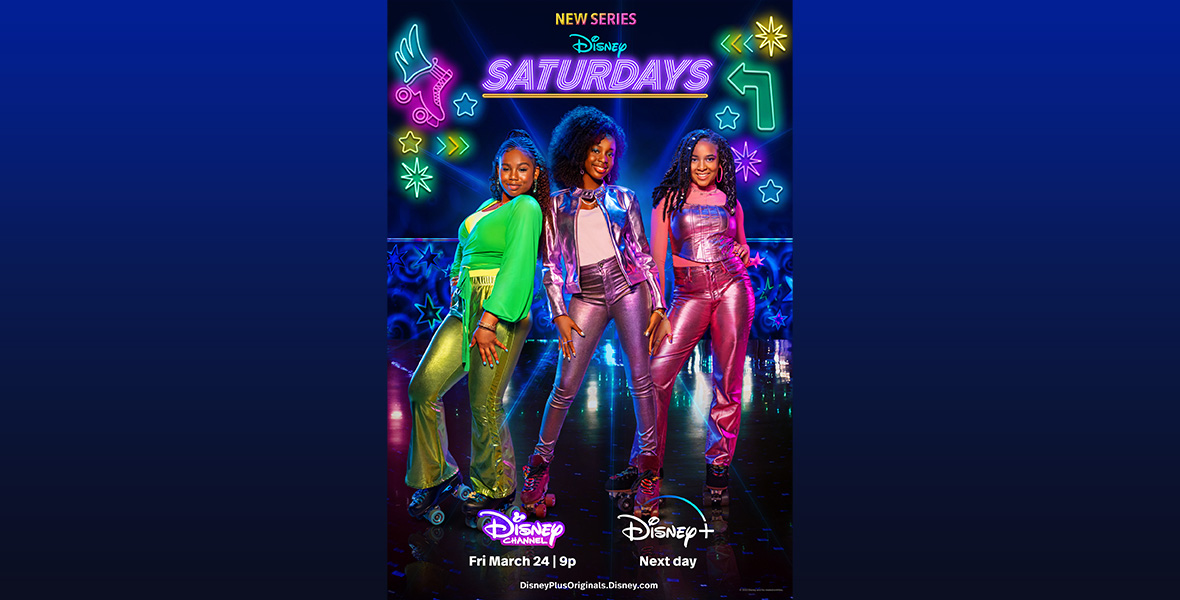The poster for the series Saturdays. Three young girls pose for the camera, wearing colorful outfits and roller skates on a neon-glowing skate rink.