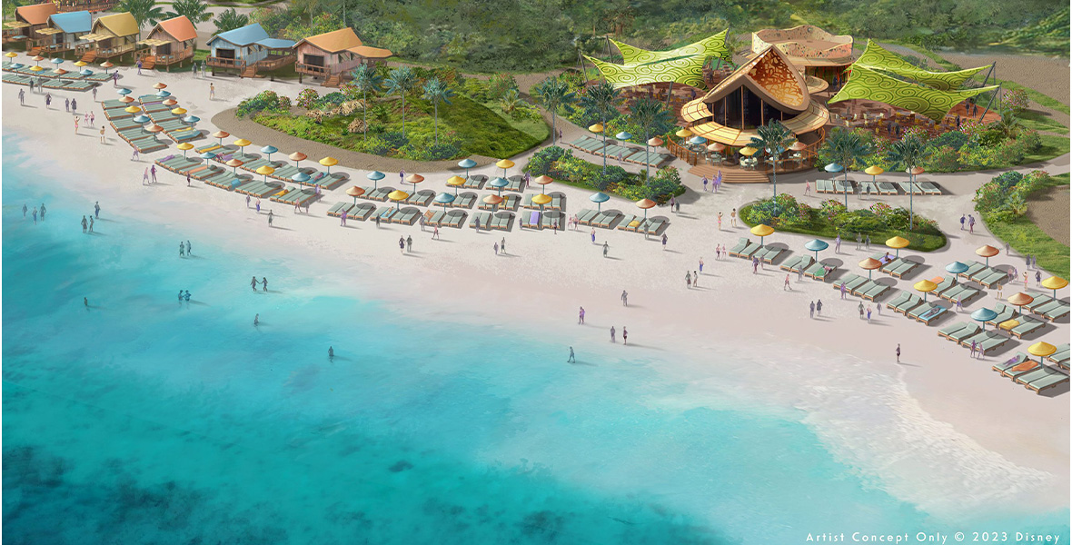 In an artist’s concept art image of Lighthouse Point in The Bahamas, the new Disney Cruise Line destination, a beach is seen from above; many beach chairs are lined up along the sand, and some people are sitting or lying in the chairs while most are wading into the clear blue water. Behind the lines of beach chairs are multiple colorful buildings, as well as greenery.