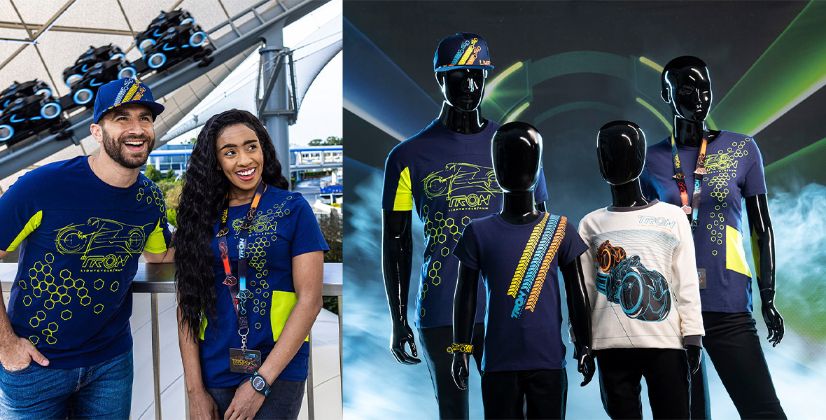 Two people wear TRON T-shirts. A group of mannequins wear TRON T-shirts