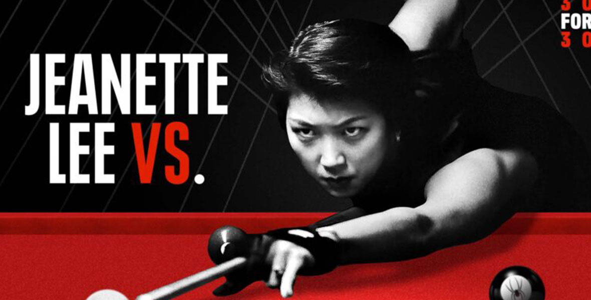 Key art for Jeanette Vs. with Jeanette Lee playing pool on a billiards table with red felt and against a black background.