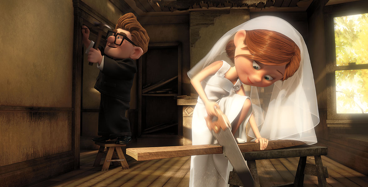 In the animated film Up, Ellie still wears her wedding dress and veil as she and Carl convert their old clubhouse into their new home. She braces a plank of wood with her foot as she saws part of the plank off.