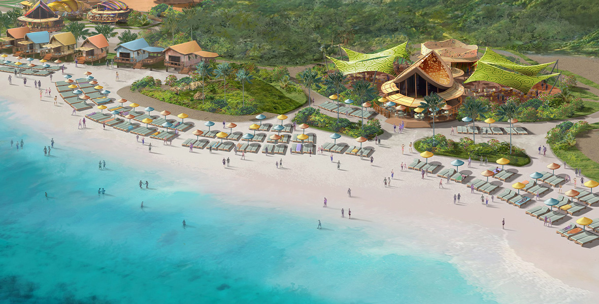 In an artist’s concept art image of Lighthouse Point in The Bahamas, the new Disney Cruise Line destination, a beach is seen from above; many beach chairs are lined up along the sand, and some people are sitting or lying in the chairs while most are wading into the clear blue water. Behind the lines of beach chairs are multiple colorful buildings, as well as greenery.