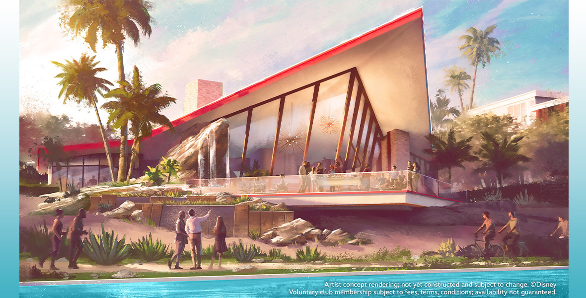 In an artist’s rendering of the Parr House at Cotino, a Storyliving by Disney Community, the house resembles the one lived in by the Parr family in Incredibles 2. The roof is red and very angular, pointing at a sharp angle toward the right of the image. There is a patio surrounding the home, filled with people, and some tall palm trees can be seen to the left. The “grand oasis” water feature can be seen in front of the house; people are walking and biking along its bank. 
