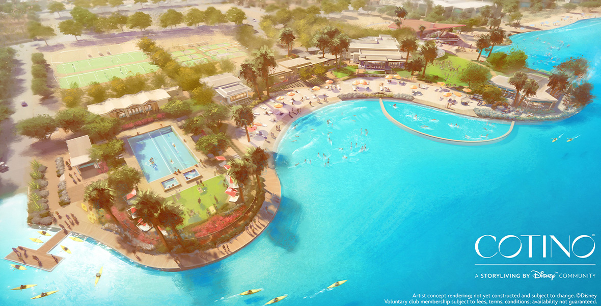 In an artist’s rendering of the Parr House at Cotino, a Storyliving by Disney Community, the clubhouse complex is seen from above. There is a swimming pool, several tennis courts, and a complex of buildings, as well as a beach with chairs and umbrellas.