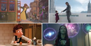 Four movie stills are side by side. In the animated film The Princess and the Frog, Tiana stands on the doorstep of a bus on a street in New Orleans. One hand holds her hat in place as she leans out of the bus doors. In the animated film Ratatouille, Linguini leans over a plate of freshly made ratatouille in the restaurant kitchen. Remy, a rat, wears a chef’s hat and smiles up at him. In the Guardians of the Galaxy, the green alien Gamora stares up at something as bursts of purple light reflect around her. In Obi-Wan Kenobi, a man and a little girl stand on a white balcony, the blue sky behind them. The man extends his hand to the little girl, who holds onto it as she smiles and looks up at him.