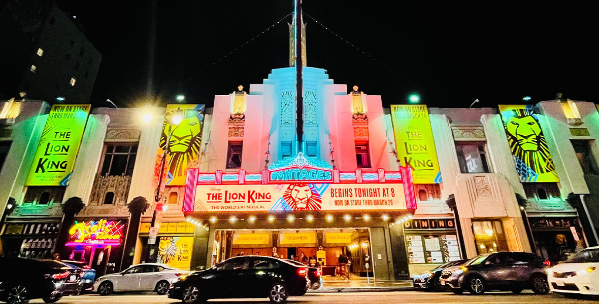 The Hollywood Pantages was beautifully lit up for the night, with lots of fun The Lion King signage adorning the building.