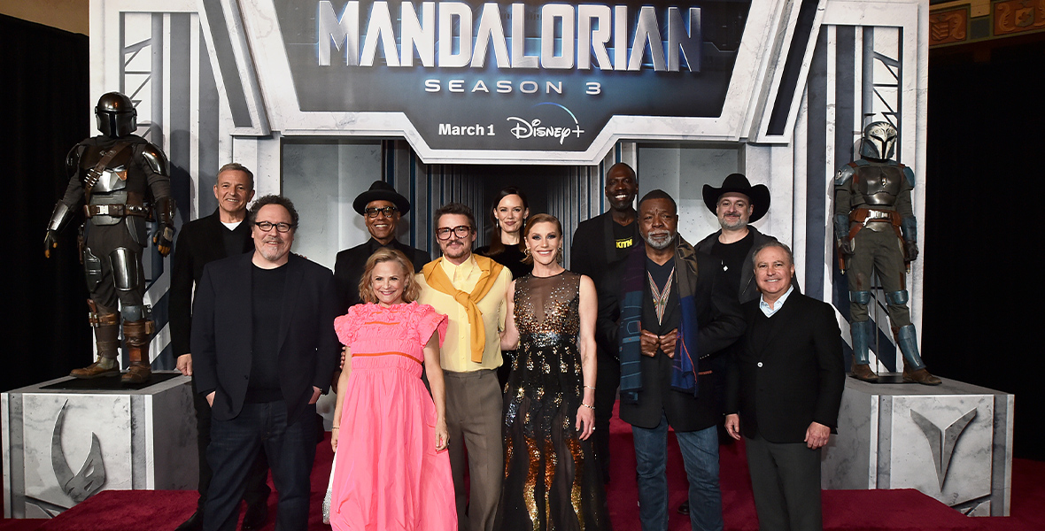 (Left to right): Bob Iger, Disney Legend Jon Favreau, Giancarlo Esposito, Amy Sedaris, Pedro Pascal, Emily Swallow, Katee Sackhoff, Rick Famuyiwa, Carl Weathers, Dave Filoni, and Alan Bergman pose for a photo at The Mandalorian Season 3 launch event in Hollywood.