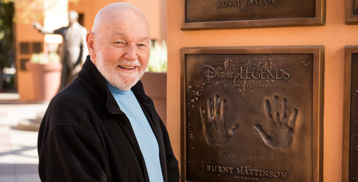 Burny Mattinson’s Disney Legends plaque at the Disney Legends Plaza at The Walt Disney Studios lot in Burbank. The words “Disney Legends” and the date, “October 13, 2008,” are inscribed above his handprints and beneath those are his signature and name in all-caps along with “Animation” embossed on the bronze plaque.