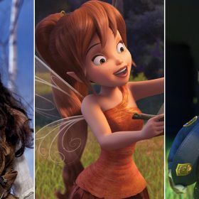 Three photos of characters played by Ginnifer Goodwin. In Zootopia, the animated bunny Judy Hopps stands straight in her police uniform, her hat tucked under one arm as she looks on proudly. In a Once Upon a Time promotional photo, Snow White has a hand on her hip and stares into the camera. She wears a fur tunic and adventurer pants, her black hair loose around her shoulders. In Tinker Bell and the Legend of the NeverBeast, an animated Fawn stands outside and holds a book sideways so it falls open. She grins as she inspects it. Her brown hair is tied up in a ponytail that falls below her wings, and she wears a one-shoulder orange top.