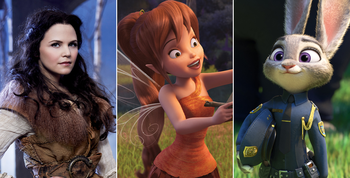 Three photos of characters played by Ginnifer Goodwin. In Zootopia, the animated bunny Judy Hopps stands straight in her police uniform, her hat tucked under one arm as she looks on proudly. In a Once Upon a Time promotional photo, Snow White has a hand on her hip and stares into the camera. She wears a fur tunic and adventurer pants, her black hair loose around her shoulders. In Tinker Bell and the Legend of the NeverBeast, an animated Fawn stands outside and holds a book sideways so it falls open. She grins as she inspects it. Her brown hair is tied up in a ponytail that falls below her wings, and she wears a one-shoulder orange top.